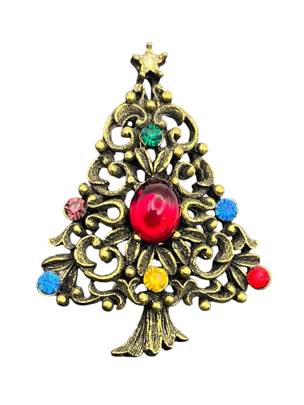 JJ Jonette Christmas tree multicolored rhinestone cabochon brooch pin gold tone